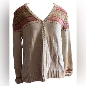 Land’s End Women’s Medium 10-12 Fair Isle Cardigan Sweater 100% Cotton Tan/Beige